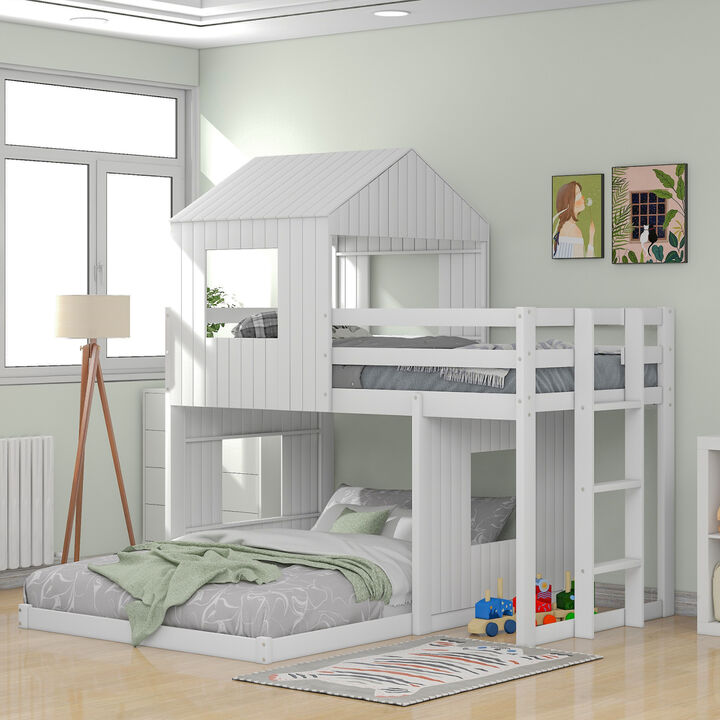 Wooden Twin Over Full Bunk Bed, Loft Bed With Playhouse, Farmhouse, Ladder And Guardrails, White