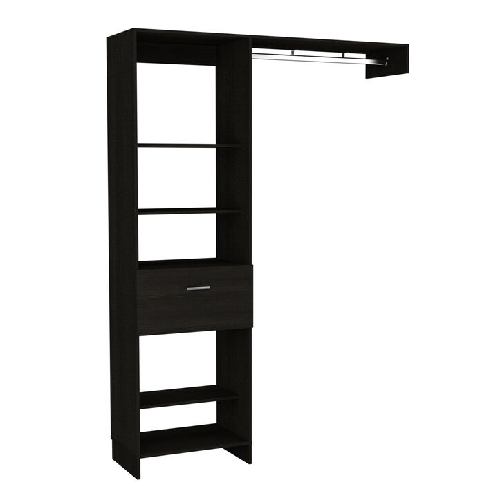 DEPOT E-SHOP Dynamic 150 Closet System, Five Open Shelves, One Drawer, One Metal Rod, Black