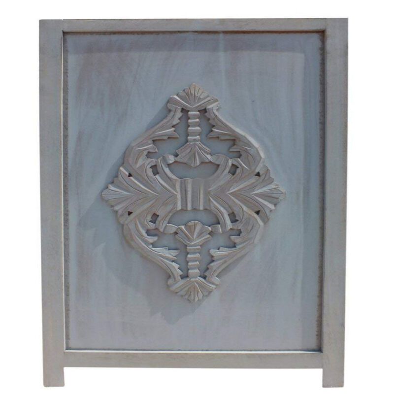 Three Panel Wooden Room Divider with Traditional Carvings and Cutouts, Blue-Benzara