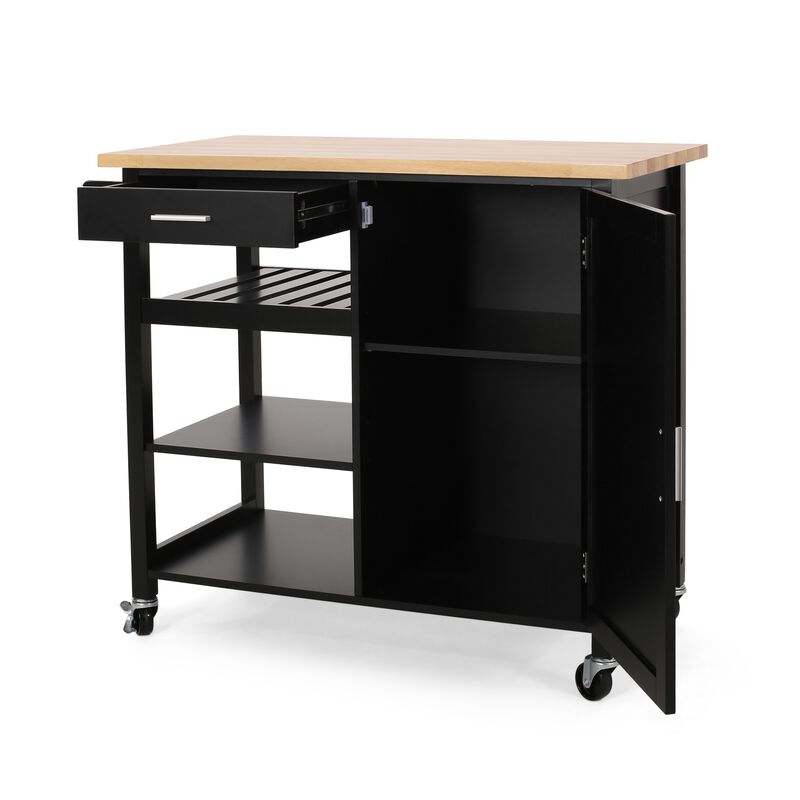 Rolling Kitchen Bar Cart, 3 Shelves, Cabinet, 42 Inch Black and Brown - Benzara
