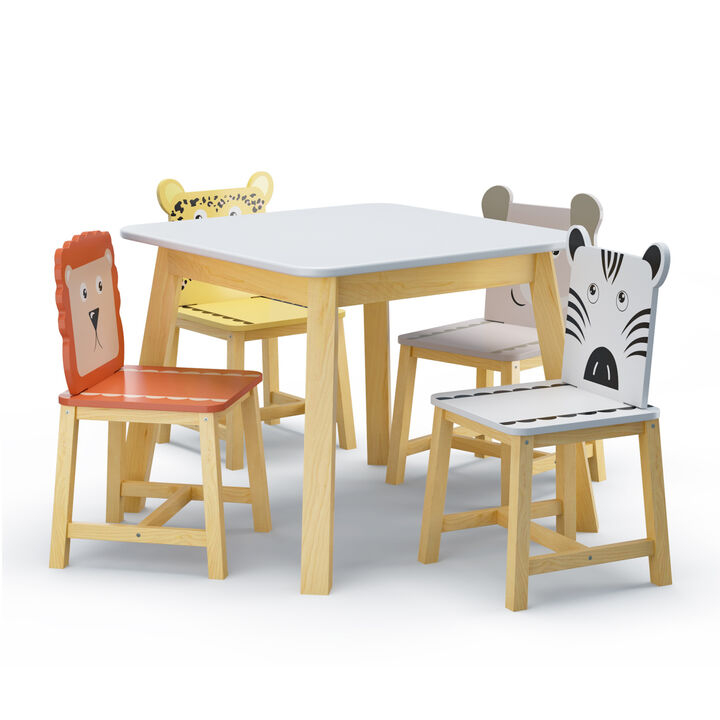 5 Piece Kiddy Table And Chair Set, Kids Wood Table With 4 Chairs Set Cartoon Animals