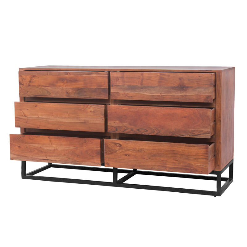 Modern Acacia Wood Dresser or Display Unit With Metal Base, Walnut Brown and Black
