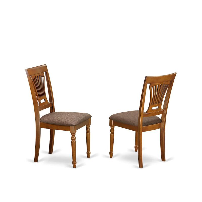 East West Furniture AVPL7-SBR-C 7 PcAvon Dining Table featuring Leaf and 6 Fabric Seat Chairs in Saddle Brown .