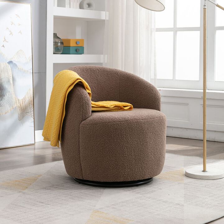 Teddy Fabric Swivel Accent Armchair Barrel Chair With Powder Coating Metal Ring, Coffee