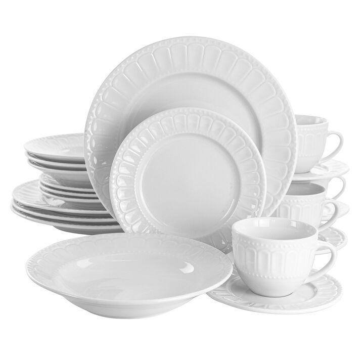 Elama Charlotte 20 Piece Porcelain Dinnerware Set in White Elama Charlotte 20 Piece Porcelain Dinnerware Set in White