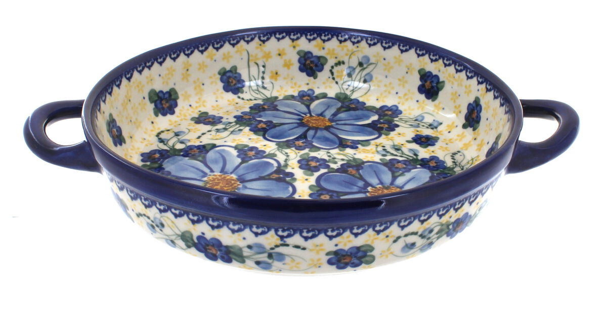 Blue Rose Polish Pottery Garden Tulip Small Round Baker with Handles