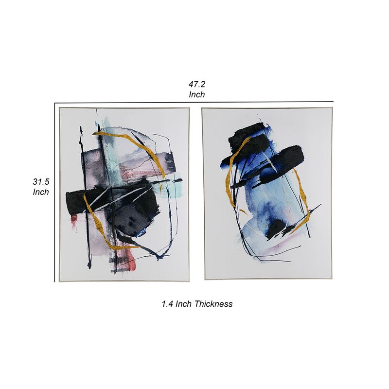 24 x 32 Abstract Wall Art Set of 2, Black and Blue Painting, Silver Wood - Benzara