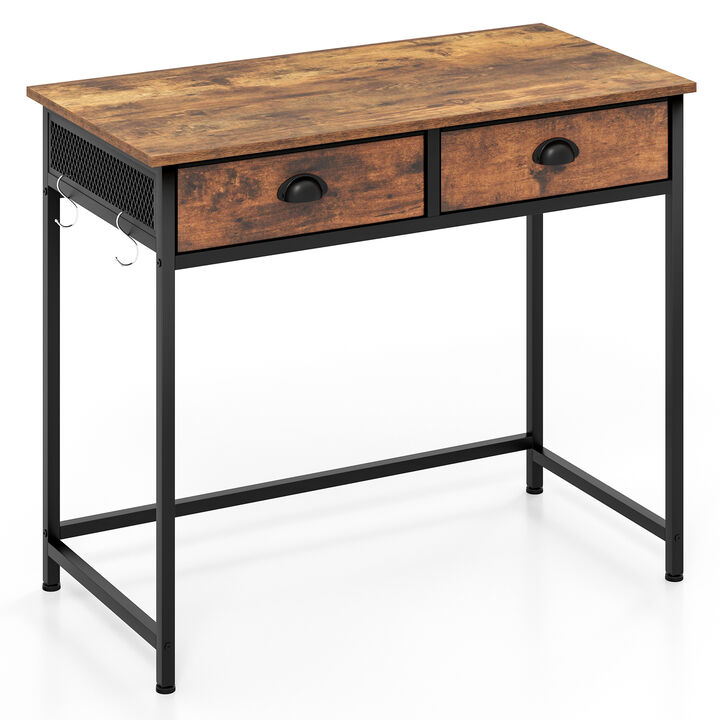 Space-Saving Home Office Desk with 2 Fabric Drawers and 4 Hanging Hooks for Storage