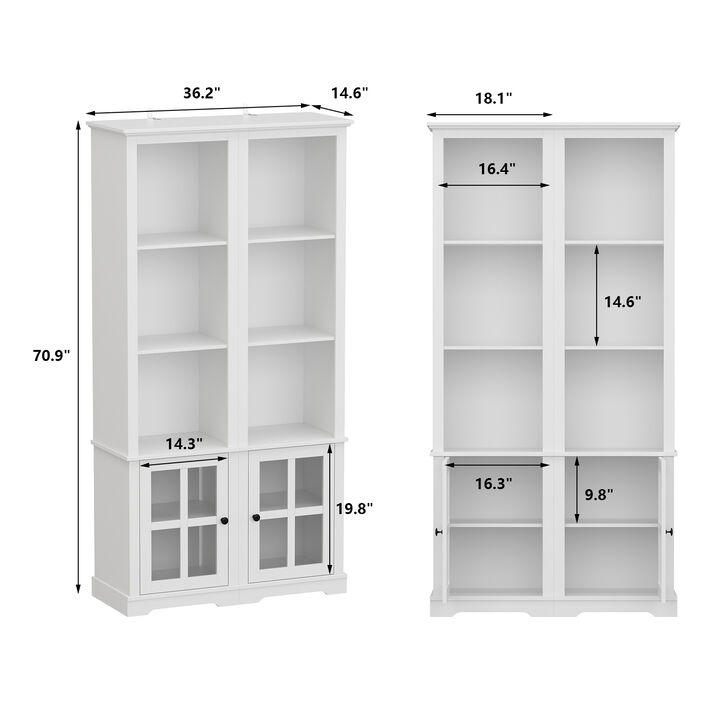 A Pair of Side Cabinet, White 70.9 in. H Wooden Storage Cabinet with Glass Doors and Open Shelves for Corner Storage