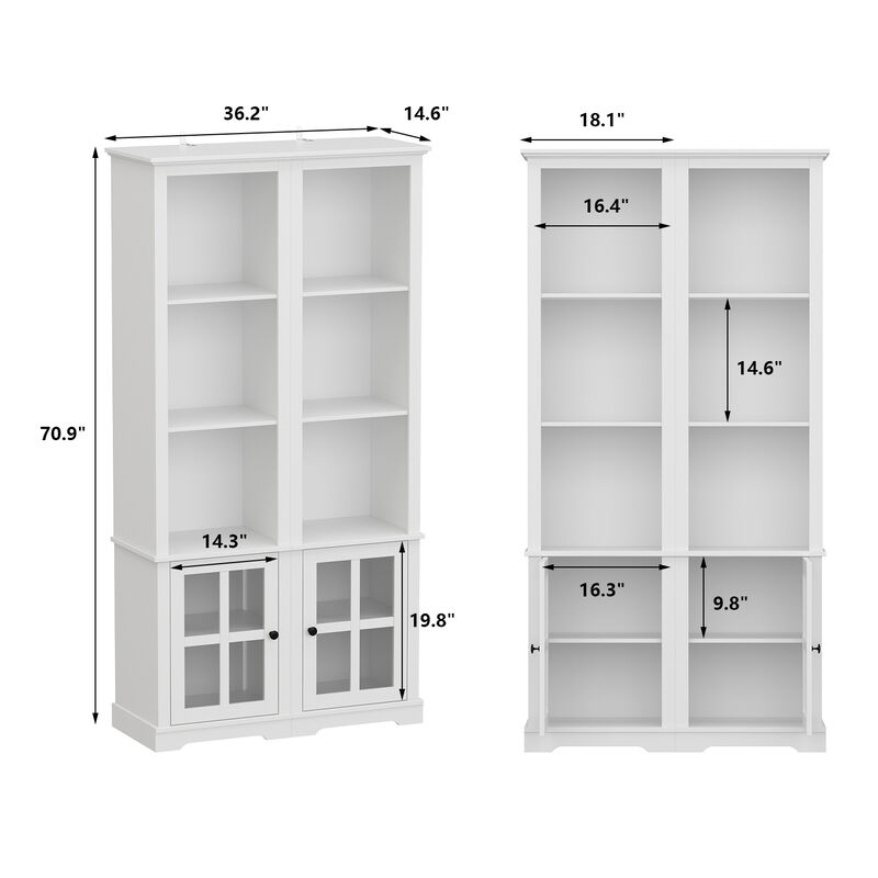 A Pair of Side Cabinet, White 70.9 in. H Wooden Storage Cabinet with Glass Doors and Open Shelves for Corner Storage