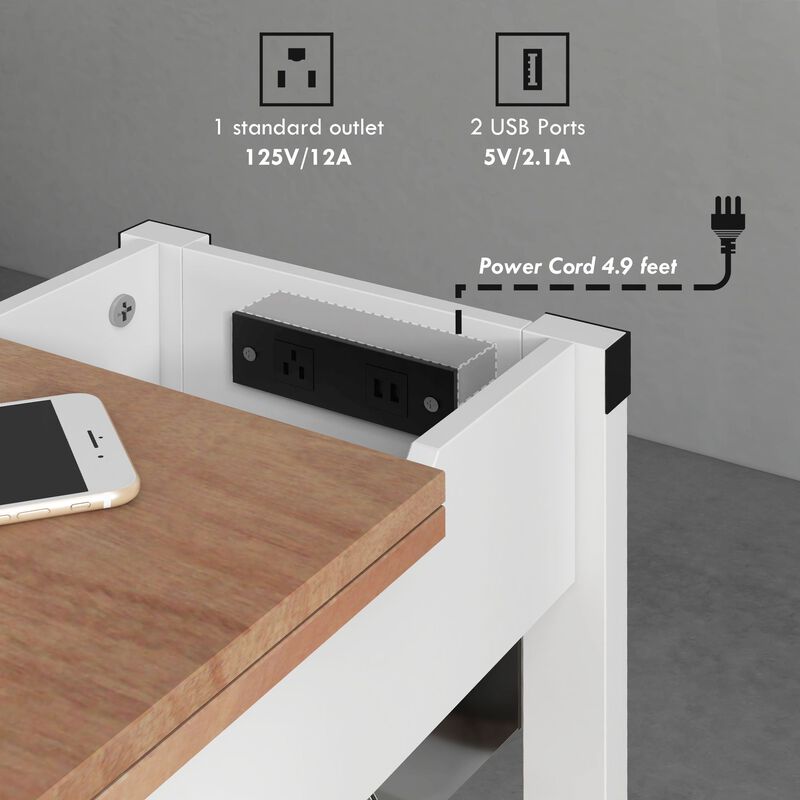 White End Side Table: Charging Station, 2 USB, 1 Outlet, 11.75" x 23.5" x 24.5"