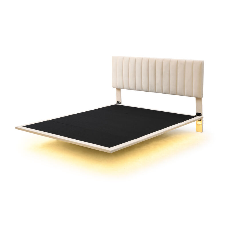 Queen Size Upholstered Bed With Sensor Light And Headboard, Floating Velvet Platform Bed