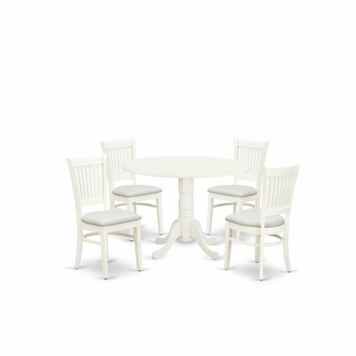 East West Furniture - DLVA5-LWH-C - 5-Piece Kitchen Table Set- 4 Dining Chairs with Linen Fabric Seat and Slatted Chair Back - Drop Leaves Dining Table - Linen White Finish