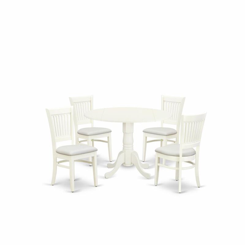 East West Furniture - DLVA5-LWH-C - 5-Piece Kitchen Table Set- 4 Dining Chairs with Linen Fabric Seat and Slatted Chair Back - Drop Leaves Dining Table - Linen White Finish
