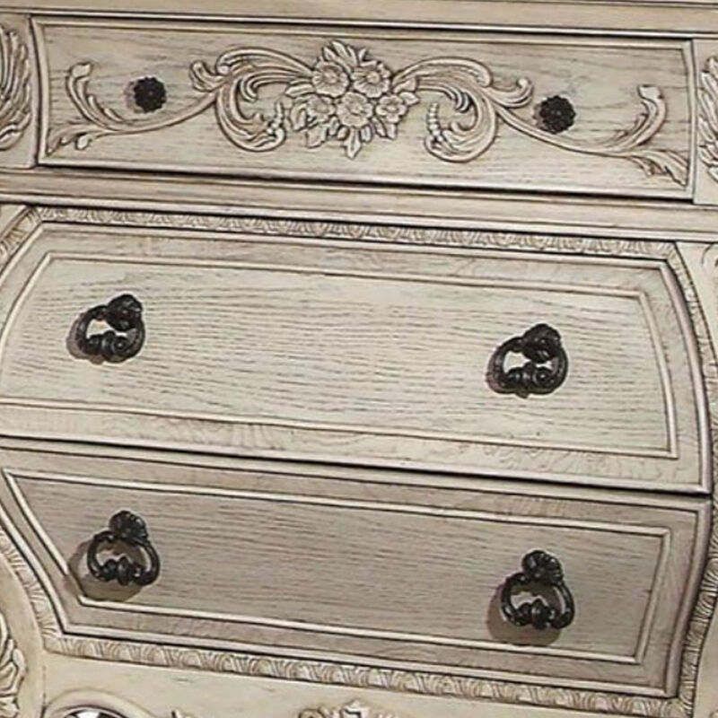 Three Drawer Wooden Nightstand With Scrolled Feet, Antique White-Benzara