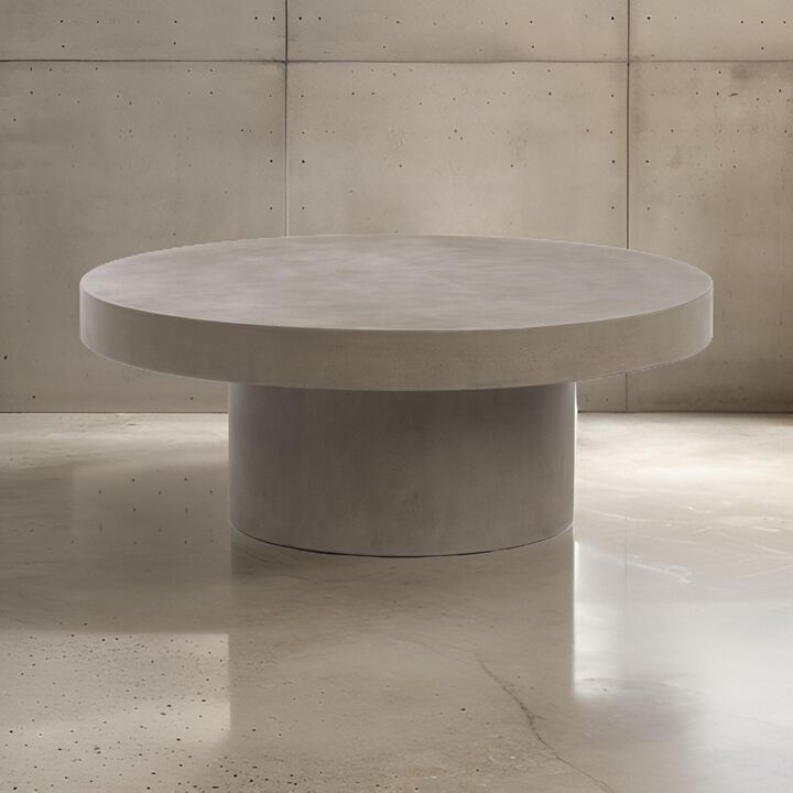36 Inch Coffee Table, Concrete Round Top, Thick Pillar Padestal Base, Gray - Benzara