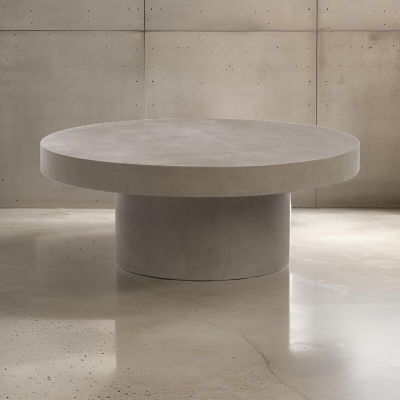 36 Inch Coffee Table, Concrete Round Top, Thick Pillar Padestal Base, Gray - Benzara