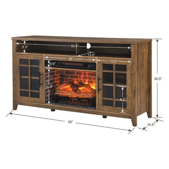 TV Media Stand with Electric Fireplace, KD Inserts Heater in Reclaimed Barnwood Finish