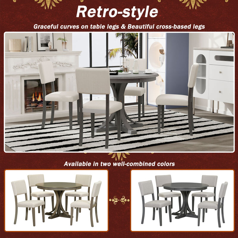 5-Piece Retro Round Dining Table Set With Curved Trestle Style Table Legs And 4