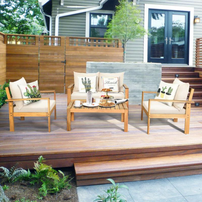 Hivvago Outdoor 4 Pieces Acacia Wood Chat Set with Water Resistant Cushions