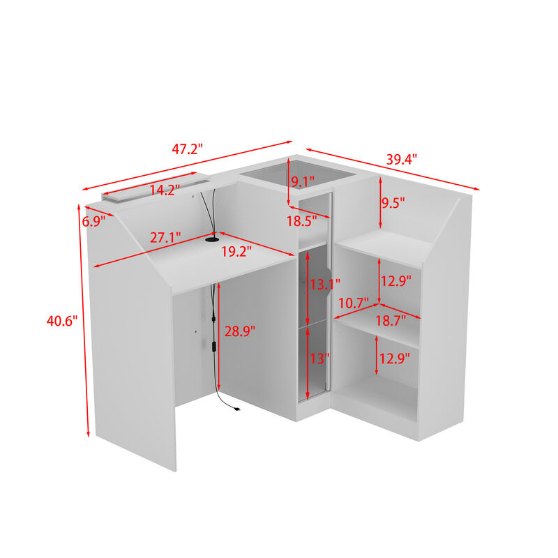 FUFU&GAGA Modern White Corner Reception Desk with LED Lights and USB,(47.2" W x 39.4" D x 40.6 H),White