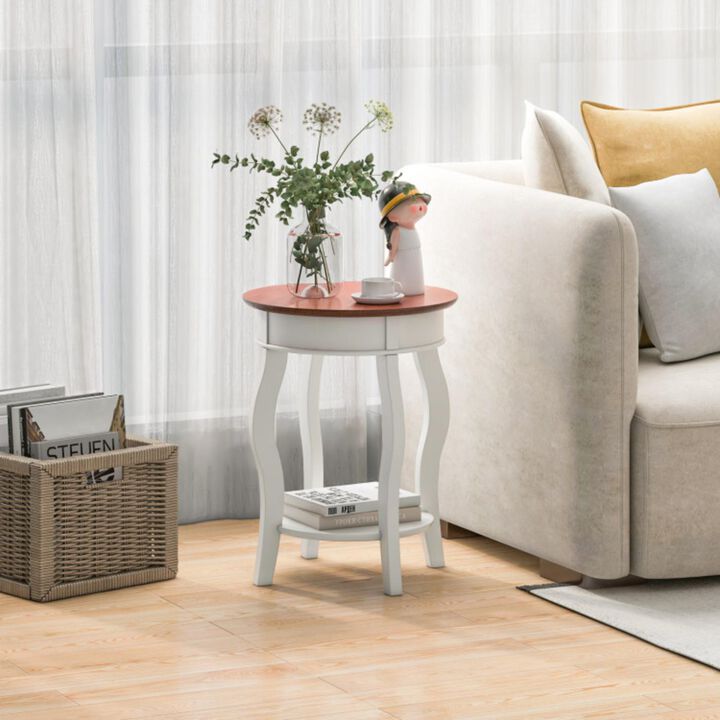 Hivvago 2-Tier Round End Table with Storage Shelf and Solid Rubber Wood Legs