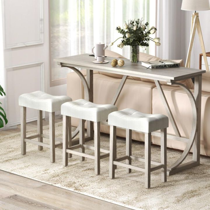 Hivvago 4-Piece Bar Table Set with Power Outlet and Upholstered Saddle Seat Stools