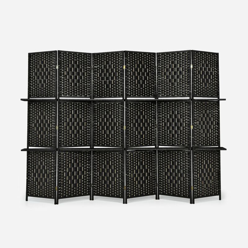 6 Panel Folding Weave Fiber Room Divider With 2 Display Shelves