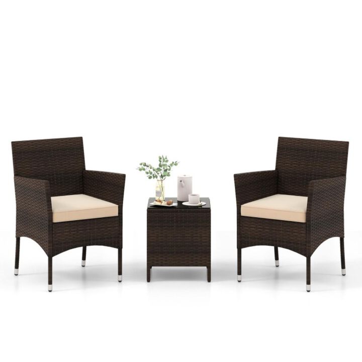 Hivvago 3 Pieces Outdoor Conversation Set with Cushioned Seat and Glass Tabletop