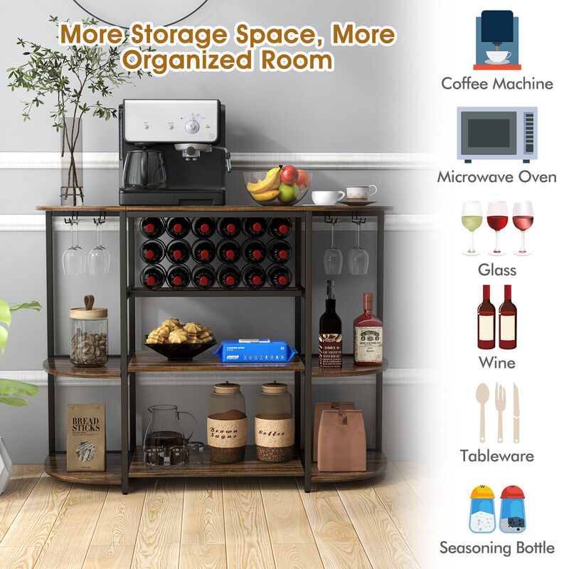 47 Inches Wine Rack Table with Glass Holder and Storage Shelves - Rustic Brown