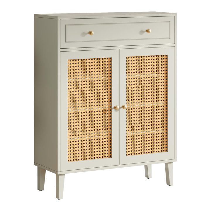 Sideboard Cabinet Console, Drawer, 2 Rattan Woven Doors, 44 Inch White - Benzara
