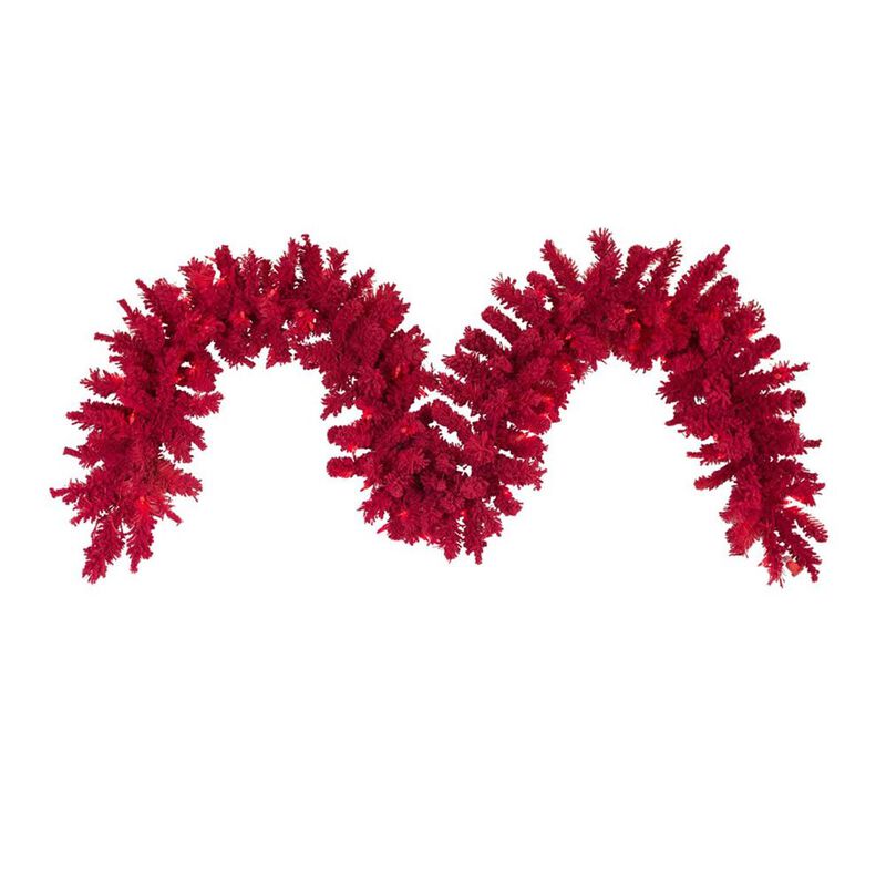 Vickerman  Flocked Red Dura-Lit Garland with Red LED Lights, 9 ft. x 14 in.