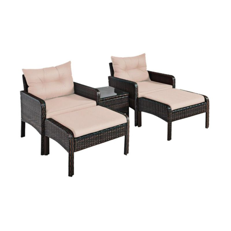 Hivvago 5 Pieces Patio Rattan Sofa Ottoman Furniture Set with Cushions