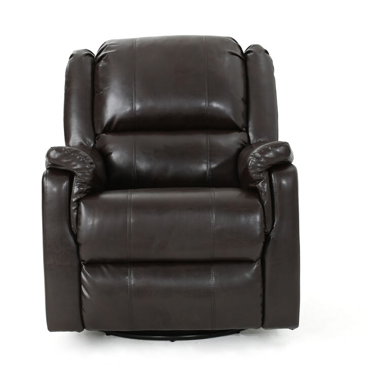 Zune Manual Glider Recliner Chair, Swivel Ergonomic, Brown Faux Leather - Benzara