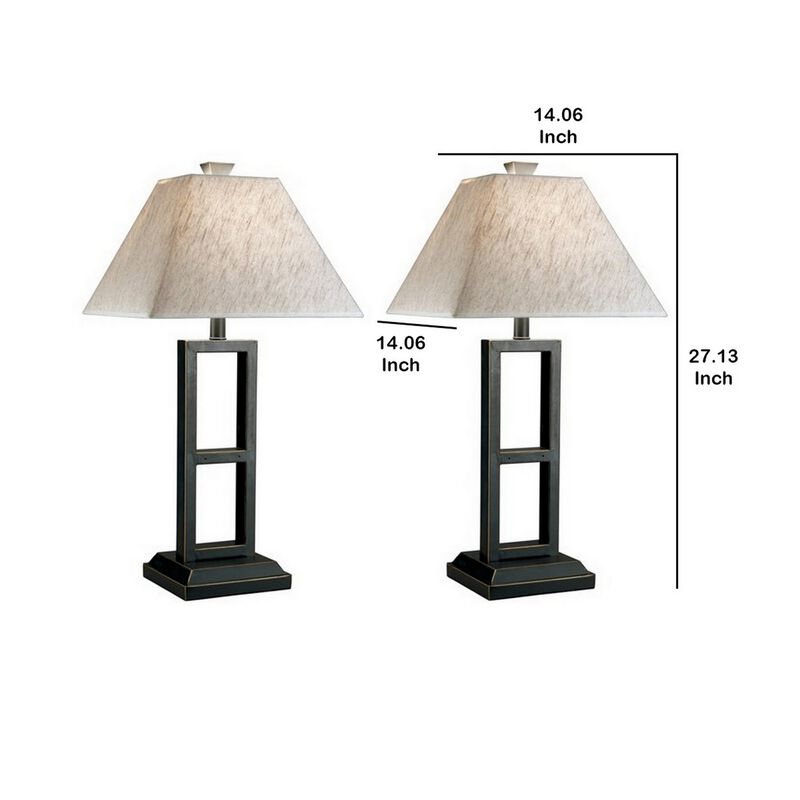 Geometric Metal Body Table Lamp with Fabric Shade, Set of 2,Black and White-Benzara