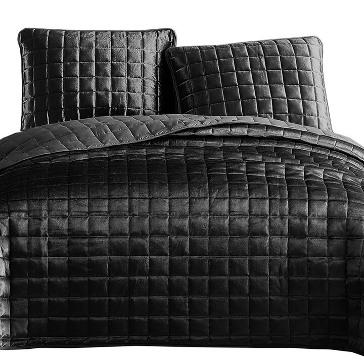 3 Piece King Size Coverlet Set with Stitched Square Pattern, Dark Gray-Benzara