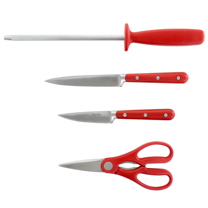 Martha Stewart 14 Piece Stainless Steel Cutlery Set in Red with Acacia Wood Storage Block