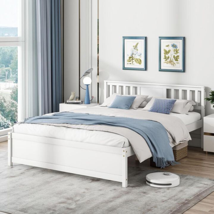 Queen Size Wooden Platform Bed with Headboard and Wood Slat Support For Bedroom Design