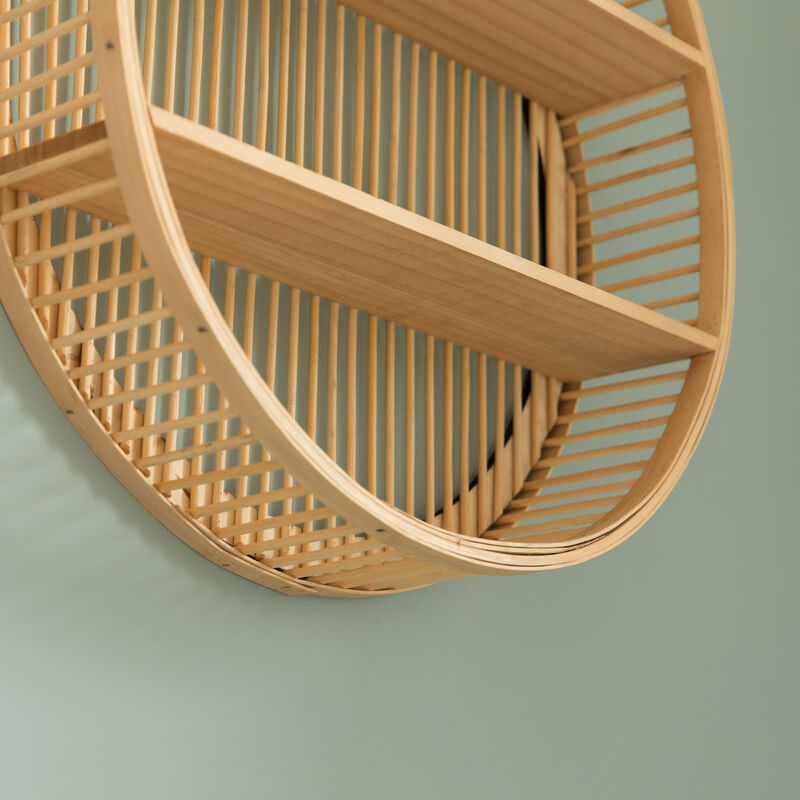Decorative Rattan Round Display Shelf With 2 Shelves for The Dining Room, Living Room, or Office.