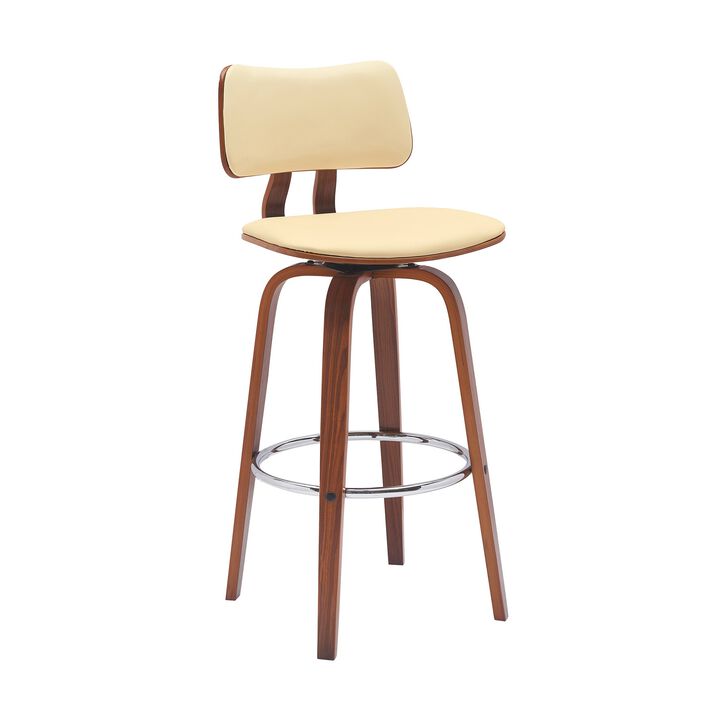Pino 30 Inch Swivel Barstool Chair, Cream Faux Leather, Walnut Brown Wood - Benzara