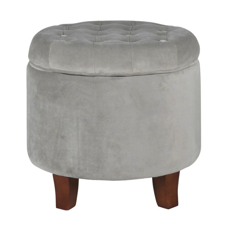 Button Tufted Velvet Upholstered Wooden Ottoman with Hidden Storage, Light Gray and Brown - Benzara