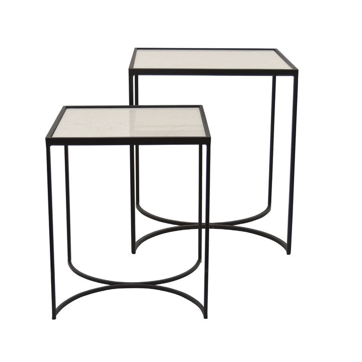 24 Inch Plant Stands Set of 2, White Marble Top, Minimalist Black Frame - Benzara