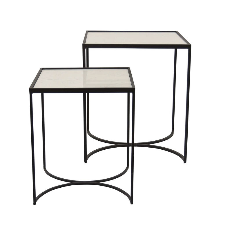 24 Inch Plant Stands Set of 2, White Marble Top, Minimalist Black Frame - Benzara
