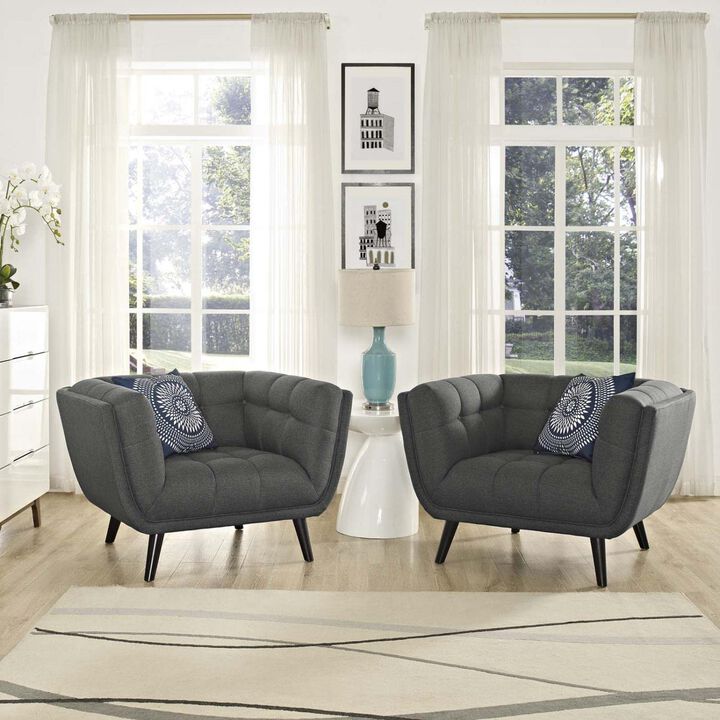 Modway Bestow Mid-Century Modern Upholstered Fabric Living Room Armchairs, 2 Piece, Gray