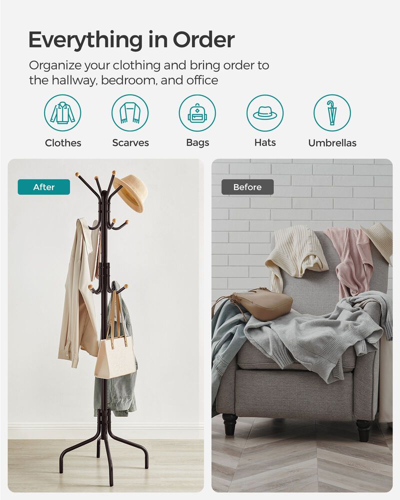 Freestanding Coat Rack with 12 Hooks and 4 Legs