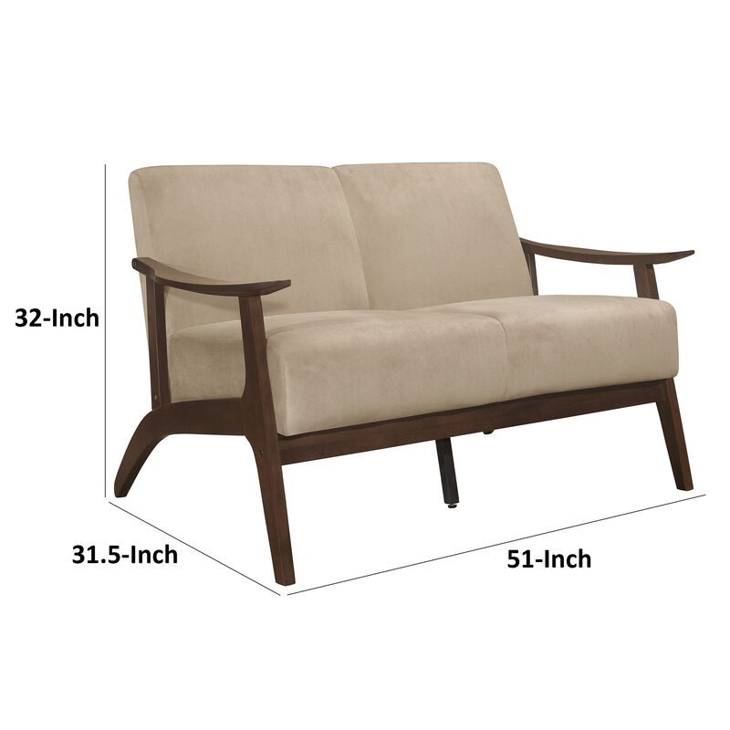 Rica 51 Inch Loveseat, Curved, Soft Beige Velvet, Walnut Brown Solid Wood - Benzara