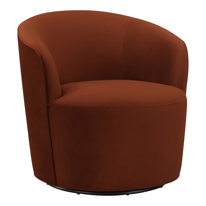 30 Inch Swivel Accent Chair, Padded Barrel Style, Burnished Orange Velvet-Benzara