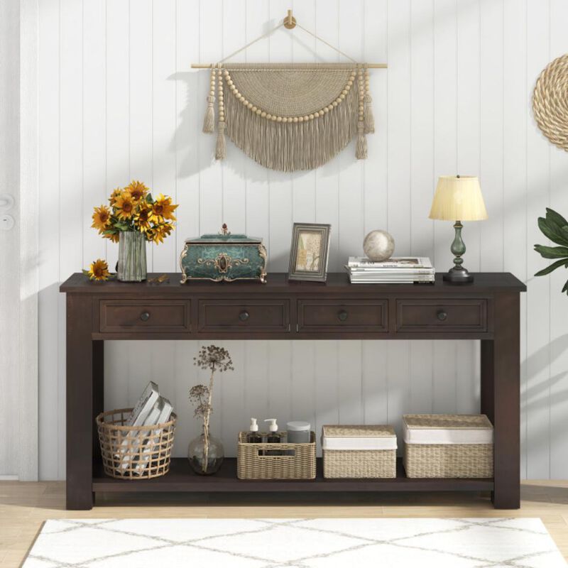 Hivvago 63 Inches Farmhouse Entryway Table with 4 Storage Drawers and Open Shelf