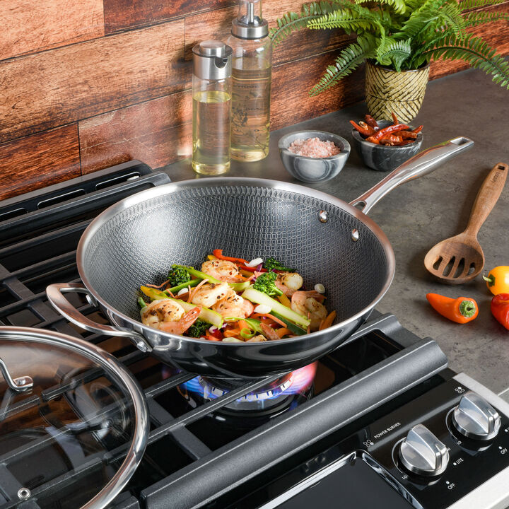Kenmore Elite Luke 12 Inch Non-Stick Tri-Ply Stainless Steel Wok with Glass Lid