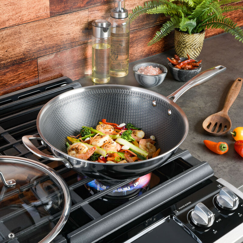 Kenmore Elite Luke 12 Inch Non-Stick Tri-Ply Stainless Steel Wok with Glass Lid